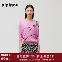 皮皮狗秋季新款 圆领复古提花蝙蝠袖宽松桑蚕丝羊绒混纺针织衫 420树莓粉 均码