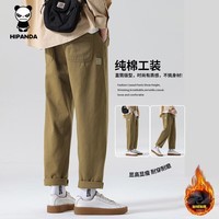 HIPANDA你好熊猫2026年春季潮牌纯棉工装裤宽松直筒休闲裤男款百搭长裤子 卡其色加绒 XL