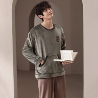 安之伴睡衣男秋冬季圆领套头简约宽松版长袖长裤可外穿家居服套装  松绿色(法兰绒锁温超柔软) L