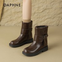 达芙妮棕色马丁靴女2025新款秋冬季圆头皮带扣时装美拉德西部短靴子 棕色 35