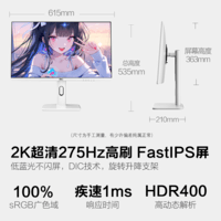 HKC 27英寸2K 275Hz电竞FastIPS屏幕HDR400硬件低蓝光1ms旋转升降游戏台式电脑240Hz白色显示器TG27Q4