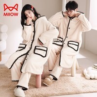 猫人情侣睡衣女秋冬季保暖加厚珊瑚绒连帽情侣睡袍套装男士冬款家居服 23855杏色 M 【女款建议80-105斤】