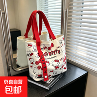 卡通蝴蝶结新款日系极简帆布包单肩上课通勤耐磨手提包 红色KT猫＋飘带27*23cm