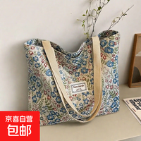 民族风小众单肩包女2025新款ins帆布包托特上课手提包通勤便携式 翠绿小花【22x27】