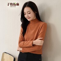 子牧棉麻秋冬装 女韩版德绒条纹打底衫加厚双面磨毛保暖长袖上衣8863 元气橙半高领条纹款德绒 加厚 XL (建议125-140斤)