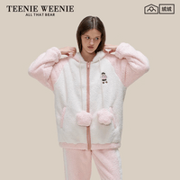 Teenie Weenie小熊刺绣新款睡衣女款秋冬季加厚连帽保暖家居服套装 慕斯粉 L