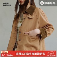 马登巴恩风美式工装圣达菲夹克灯芯绒拼接帆布外翻领上衣秋季女 卡其色 M