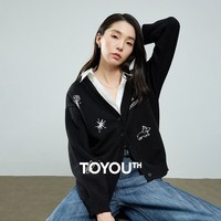 初语针织衫女2025秋季新款V领开衫卡通萌宠刺绣黑色显瘦外套 黑色 M