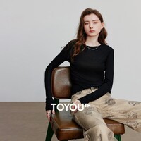 初语天丝羊毛修身T恤女2025秋季新款斜衣摆设计感长袖打底上衣 黑色 M