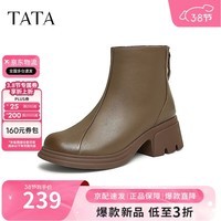 他她TATA奶皮靴法式粗跟弹力靴女靴子羊皮短靴 棕色(单里) 40