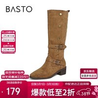 百思图25冬西部靴时尚复古潮流粗跟女长靴BP035DG5 驼色 36