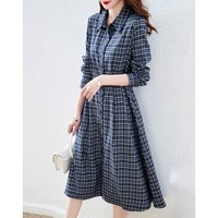 德玛纳（dme）【格子工艺】冬季通勤翻领H型宽松长袖连衣女秋冬 雾蓝 S