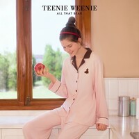 Teenie Weenie小熊睡衣男2025秋季新款莫代尔情侣长袖家居服套装女 浅粉色 【撞色皇冠|开襟-女】 M 建议女 115-125斤 | 男110-140斤