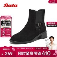 拔佳（Bata）切尔西靴女2025冬商场牛皮粗跟短筒靴01617DD5 黑色-绒面 39