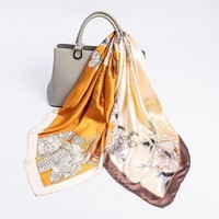 达芬奇密码专柜礼盒装 春秋缎面大方巾长巾丝巾女 新款欧美风 牡丹初妆 黄色