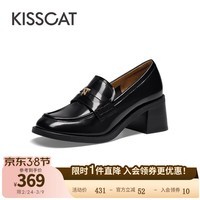 接吻猫KISSCAT女鞋春季新款高跟乐福鞋舒适粗跟学院风小皮鞋KA43542-50 黑色 39