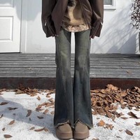 燠阳毛边开叉微喇牛仔裤女春秋大码胖mm高腰显瘦遮胯弹力小个子喇叭裤 水泥灰 3XL 【138-155斤】