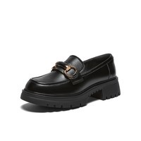 百思图26春季新款【柔软羊皮】乐福鞋简约时尚学院风复古女单鞋TFW67AA6 黑色 37