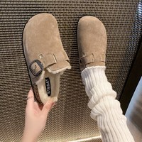 星期六真皮勃肯拖鞋冬季加绒包头厚底棉鞋加棉毛毛鞋女雪地靴保暖 卡其灰 36
