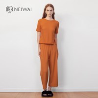 NEIWAI内外优选侧开衩短袖T恤/U领吊带松紧腰直筒八分裤套装女可外穿 短袖套装-木瓜橘 M