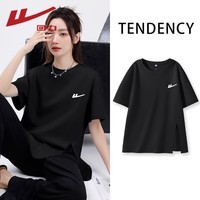 回力（Warrior）开叉宽松短袖T恤女2026年夏季女装新款潮流时尚慵懒随性休闲上衣 黑#回力白标K S