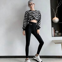 有只绵【精选】微喇打底裤可外穿紧身裤瑜伽健身显瘦美腿弹力打底裤袜 黑色 印字四季薄款 M (适合80-105斤)