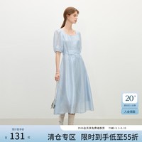 范思蓝恩泡泡袖方领法式连衣裙女2025夏装慵懒浪漫收腰A字裙子241 冰水蓝 L