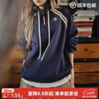 马登美式复古学院风藏青色半拉链翻高立领套头长袖无帽卫衣女士春 藏青色 S