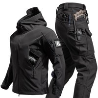 德尔.默克（Delmerk）户外冲锋软壳衣套装男保暖加绒软壳衣裤钓鱼滑雪登山服防寒抓绒衣 X7黑色上衣+裤子套装 S