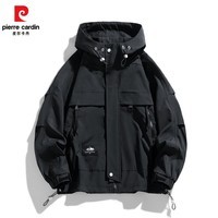 皮尔卡丹新款情侣款春秋宽松版冲锋衣青年潮流韩版时尚连帽大码夹克百搭衣 黑色 L 建议【体重135-155斤】