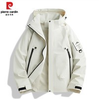 皮尔卡丹春秋单冲山系户外冲锋衣男女同款连帽运动外套情侣款防风防山服款 米白 3XL