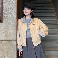 茵曼(INMAN)2026春季女装新款撞色格纹立领纯棉刺绣外套复古宽松夹克上衣 卡其色 XL