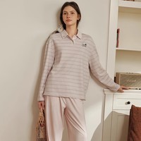 Teenie Weenie小熊条纹睡衣情侣2025新款学院风莫代尔棉男女家居服 粉蓝条纹 【活力学院小熊|套头】女|长袖长裤 M