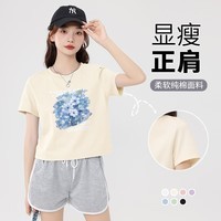 真维斯圆领宽松纯棉短袖t恤女春秋季新款短款小个子休闲t恤长袖上衣服GX 杏-浅蓝油画 XL 【不掉色】