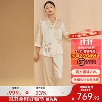 金三塔真丝睡衣女19姆米重磅100%桑蚕丝国风印花外穿【敦煌联名】礼物 沙金色 XL