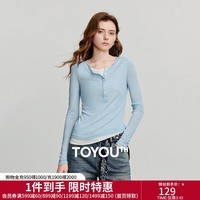 初语轻薄软糯长袖T恤女26春季新款撞色假两件时髦叠穿打底衫上衣 浅蓝色 S