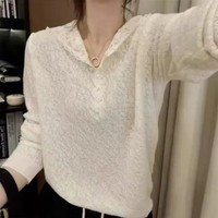 【轻奢品质】连帽蕾丝雕花长袖针织衫女早春法式韩版内搭显瘦打底 米色【优质版】 L 105-115斤