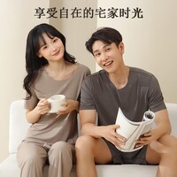 锐图森情侣睡衣女士圆领短袖睡裤套装夏天短裤男薄款无痕冰丝家居 男深灰 XL