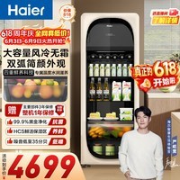 海尔（Haier）冰吧家用小型迷你冰箱客厅办公室卧室单门饮料茶叶水果红酒冷藏保鲜展示柜透明玻璃门超薄立式冰柜 双温区元气冰吧丨无霜冷冻室可制冰丨象牙米 229升
