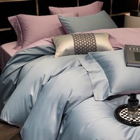 轩蓝仕A类抗全棉长绒棉100支贡缎织带四件套 纯棉缎纹床品套件 100S-浅湖蓝-YC 床单款 1.8米床(被套200*230cm)
