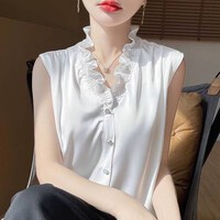 【爆款轻奢】法式花边领V领无袖背心木耳边无袖衬衫女气质上衣 白色 L 建议（105-120斤）