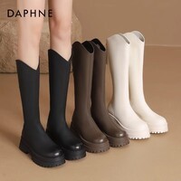 达芙妮显瘦V口长筒靴女2025新款秋冬高筒靴厚底增高骑士靴子女长靴LP 黑色 35