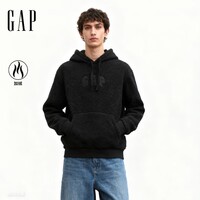 GAP男女装2025秋季新款logo仿泰迪绒宽松连帽卫衣上衣美版789782 灰黑色 M 美码  L亚洲码180/96A