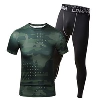 虎迹2026男士瑜伽套装高弹篮球晨跑健身房压缩训练运动打底长袖长裤 五角星角短袖+黑裤 L 建议150斤左右