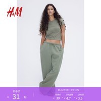 H&M女装T恤夏季修身弹力汗布窄边领口辣妹短上衣1234741 卡其绿 S 160/88 S
