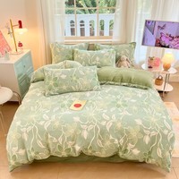 多兰诗（Duolanshi）牛奶绒四件套卡通双面加绒学生宿舍家用床单被套床上用品套件 花姿-绿 1.8米 床单款 被套200*230cm 四件套