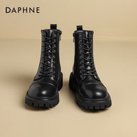 达芙妮马丁靴女2025加绒英伦风小个子增高短筒靴百搭黑色工装靴 黑色 35