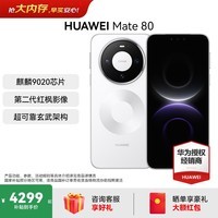 HUAWEI Mate 80 第二代红枫影像鸿蒙AI 华为直屏鸿蒙手机华为mate80 官方正品 雪域白 12GB+512GB 全网通 官方标配