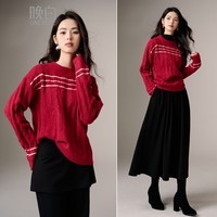 晚白【新品】2025冬季新年圣诞穿搭中国红毛衣宽松软糯条纹针织衫女 红色 M