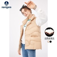 纳维凯尔意大利小帆船羽绒服女马甲白鸭绒保暖外套无袖背心 浅卡其 M